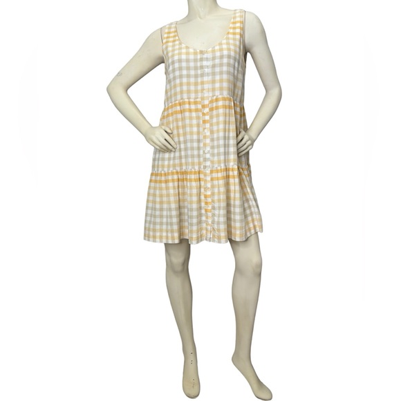 MADEWELL Yellow, White & Gray Plaid Button Down Sleeveless Tiered Ruffle Dress,M - Picture 3 of 16